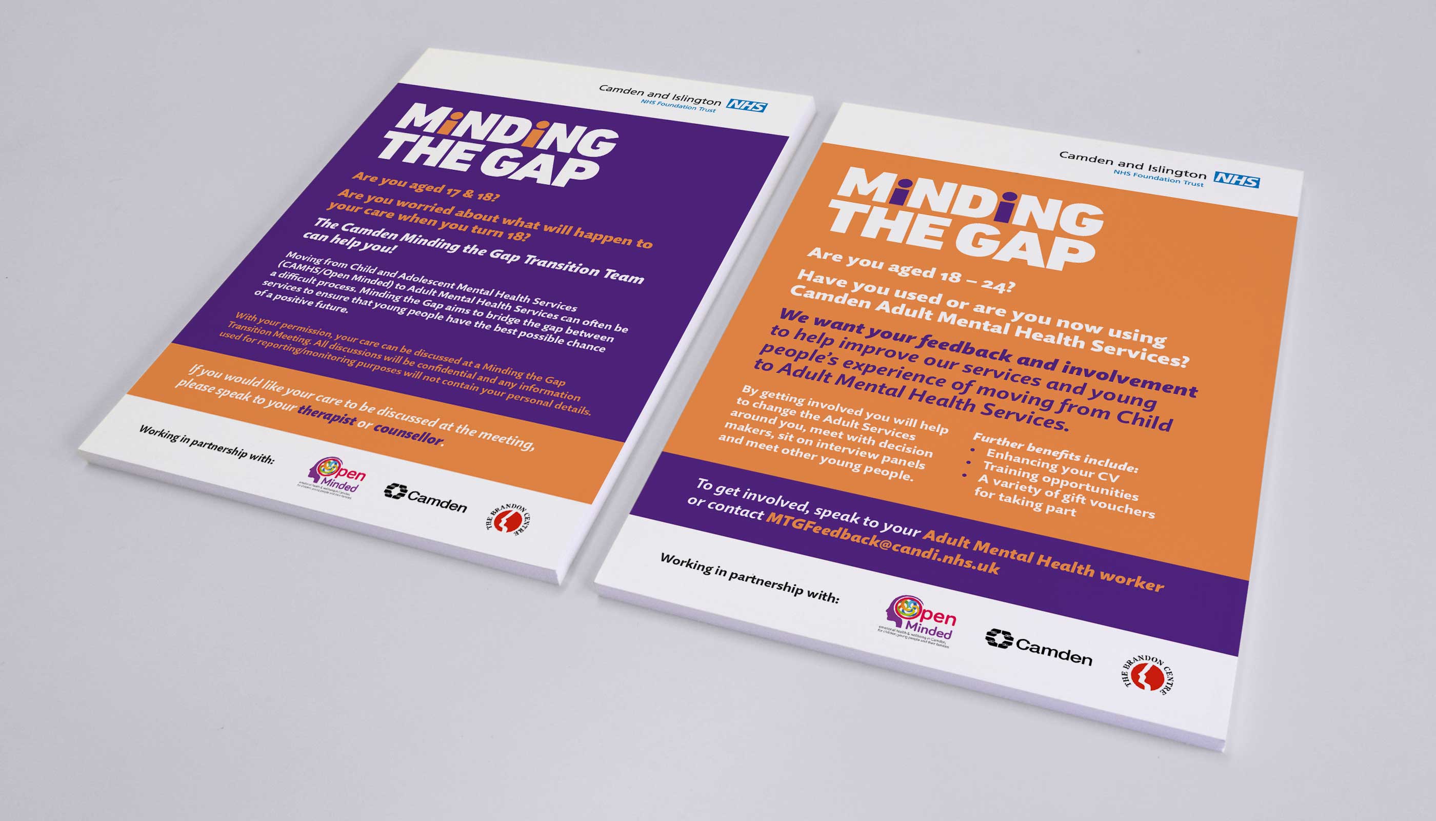 Flyer designs for Camden and Islington NHS Foundation Trust in London.
