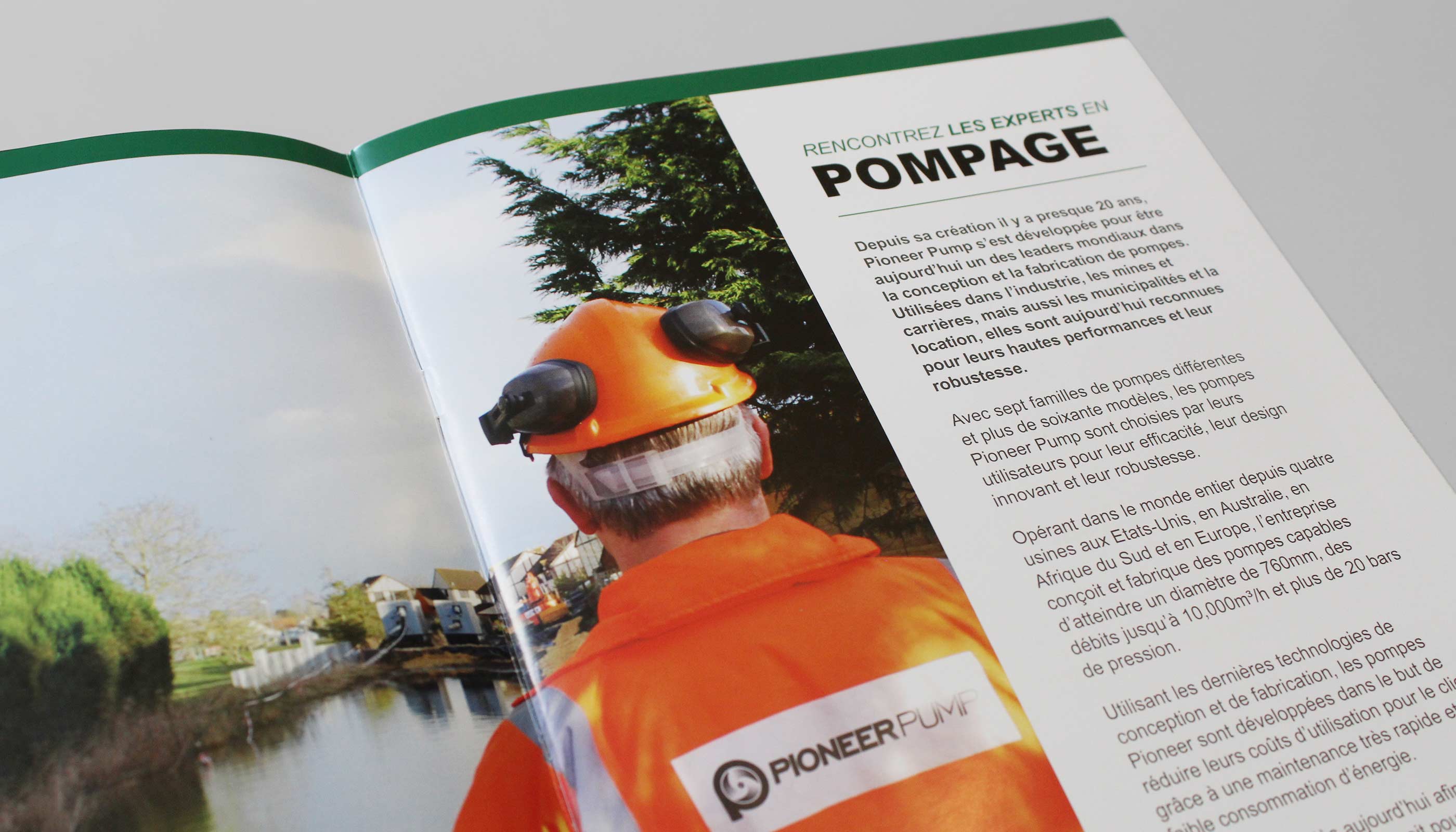 Corporate brochure design translated in French for Pioneer Pump in Suffolk, UK.